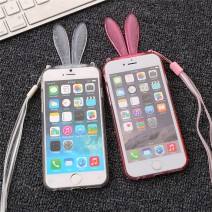 Fashion Cute Transparent Silicone Rabbit Ears Lanyard Back Stand Case Cover for iPhone 5 case For iphone 5s case